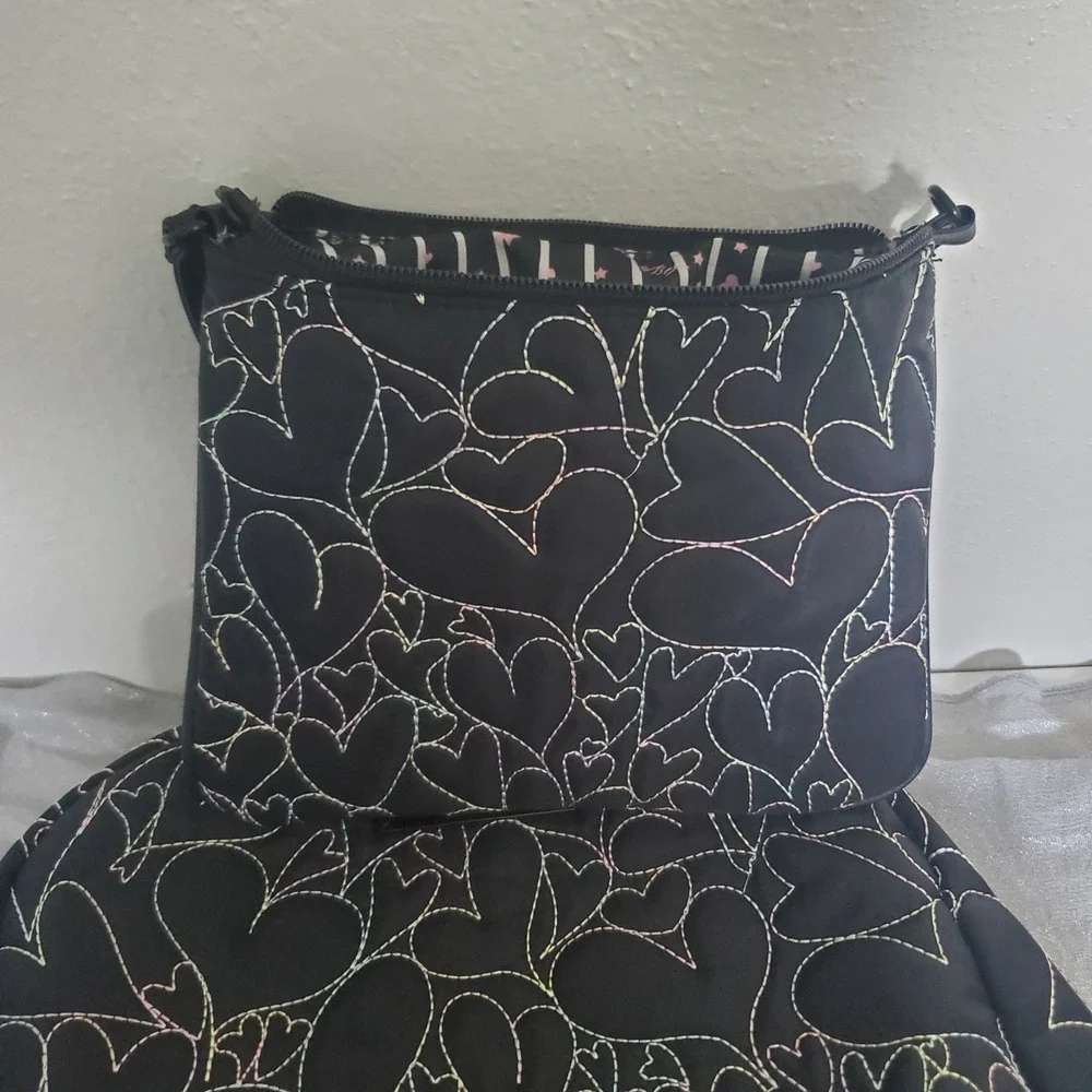 Luv Betsey Johnson Black Quilted Heart Backpack Rainbow Stitching and bag 2p set